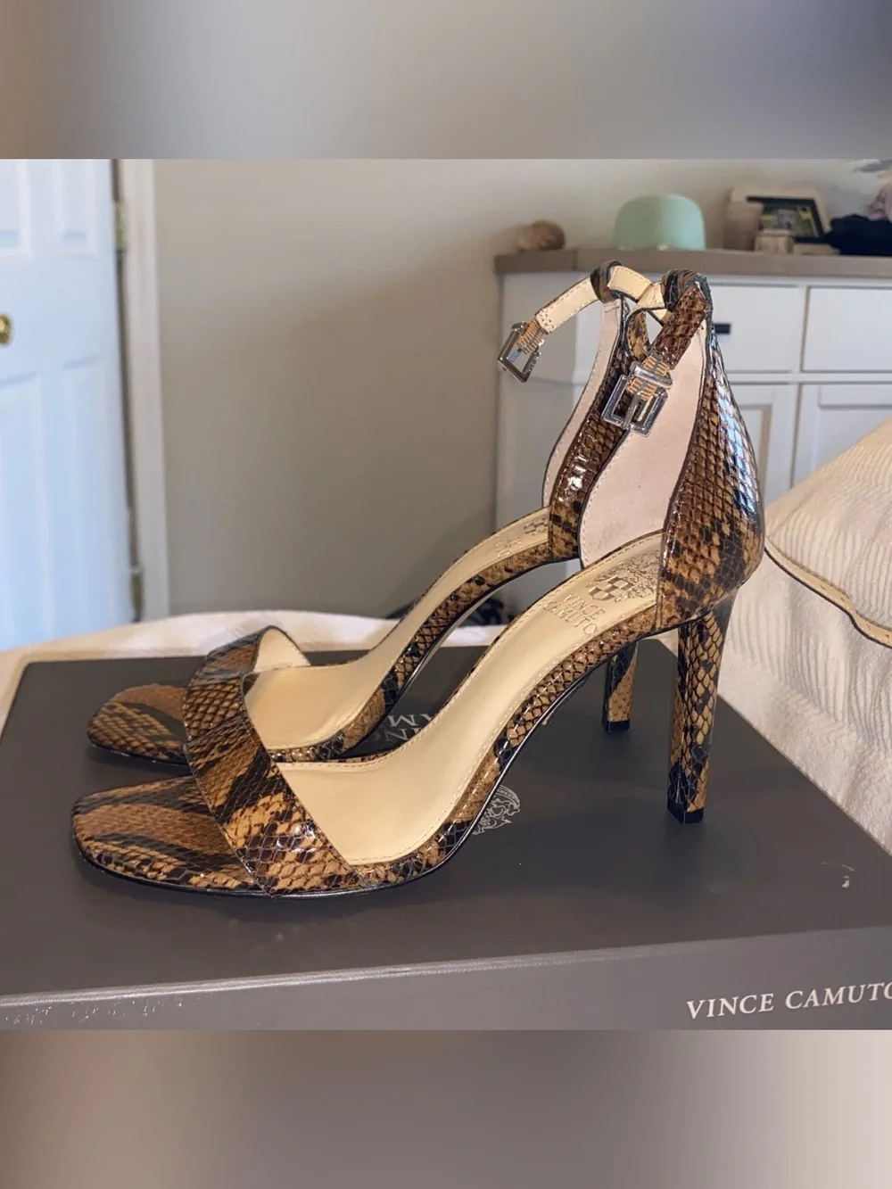 Vince Camuto Brown Snake-Print Ankle Strap Stiletto Sandals; 7.5M